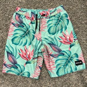 Hurley Kids Swim Trunks - Aqua and Coral Leaf Design